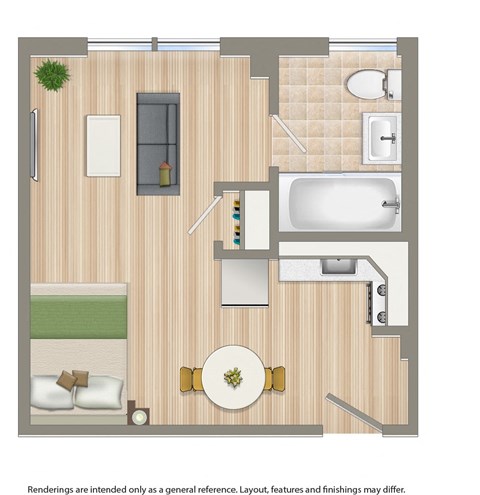 studio A apartment floor plan rendering at Hampton Courts in washington dc